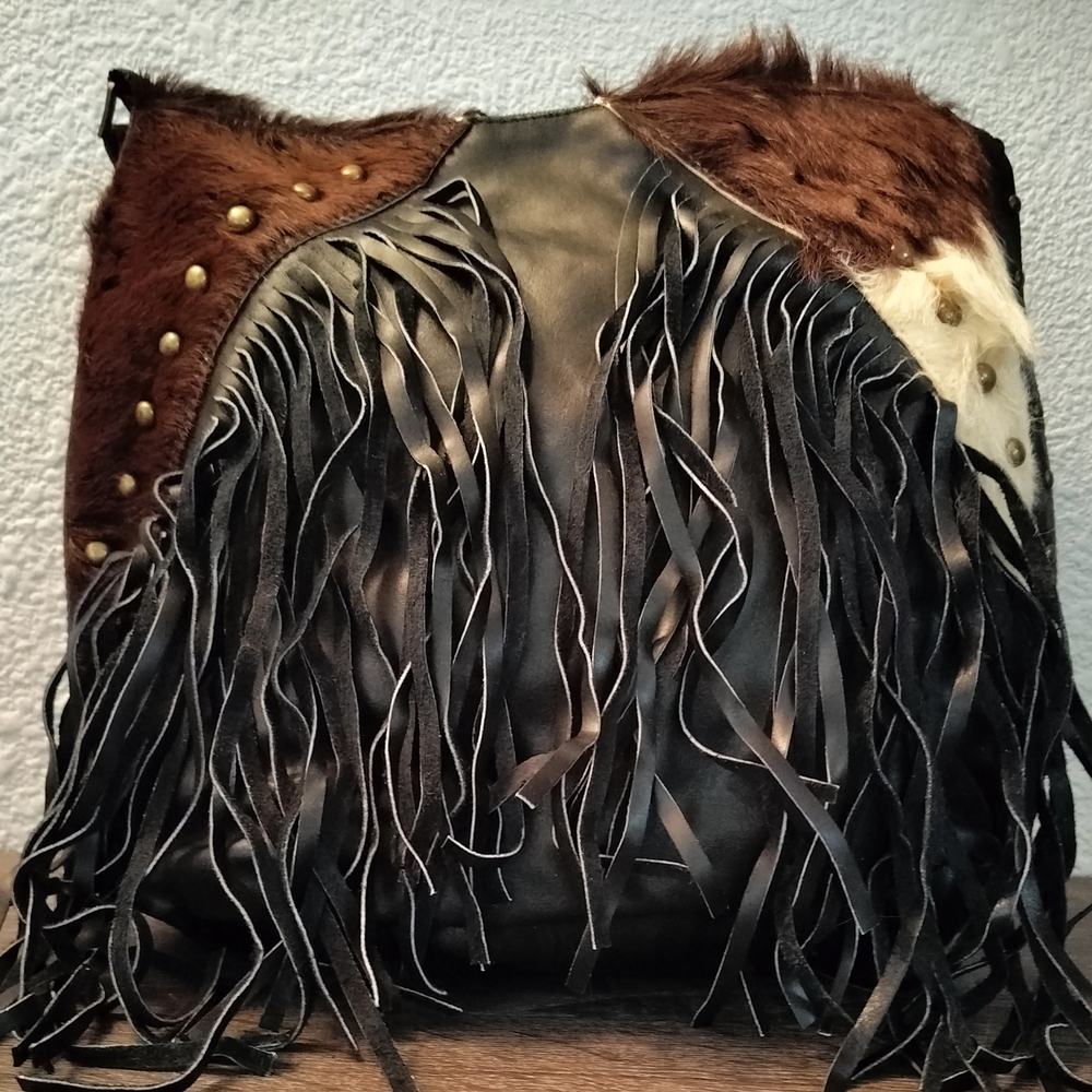 Fringed Leather and Fur Shoulder Bag in Black and Brown